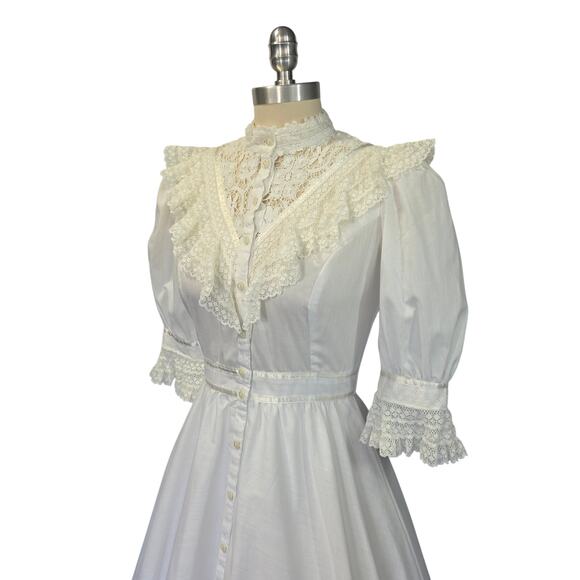 Gunne Sax Vintage 70s White Lace Midi Dress Size 11 M Edwardian Wedding Cotton - Picture 6 of 11